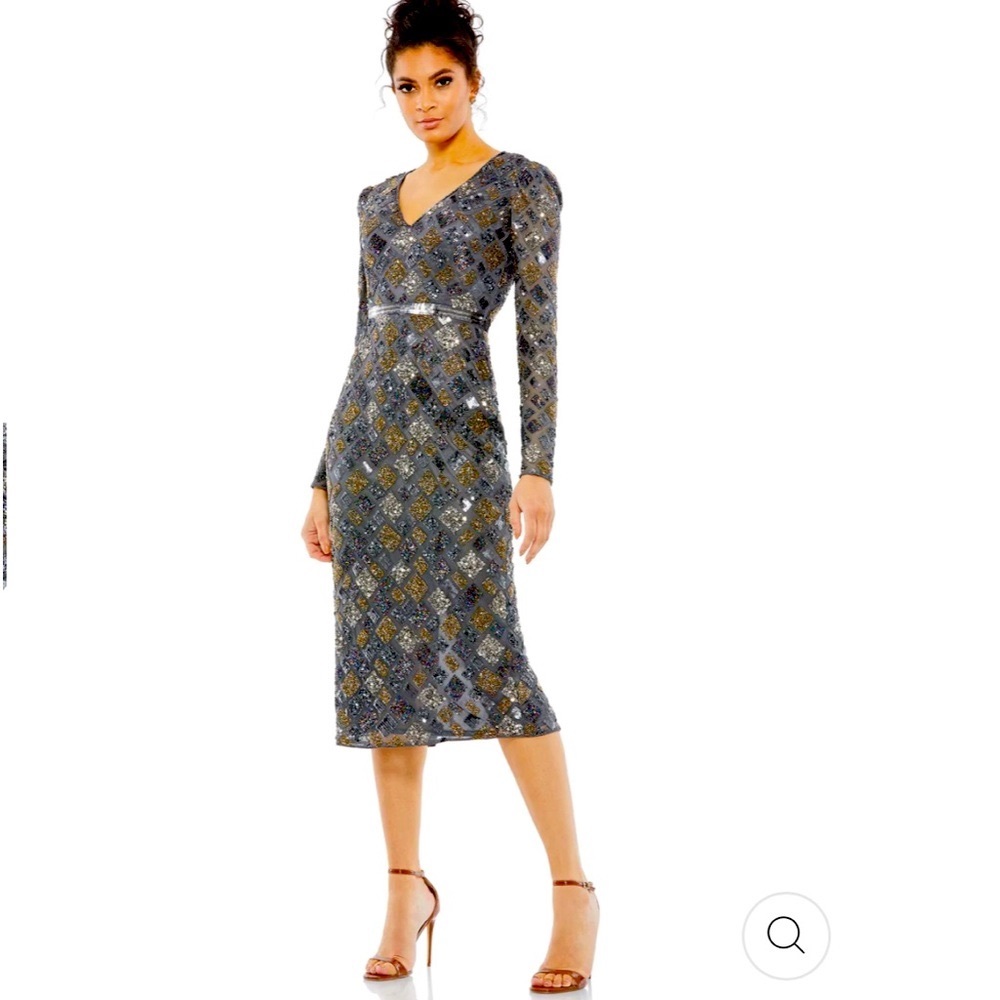 NWT Mac Duggal 5472 Geo Embellished Midi Sheath Dress Charcoal Size 2